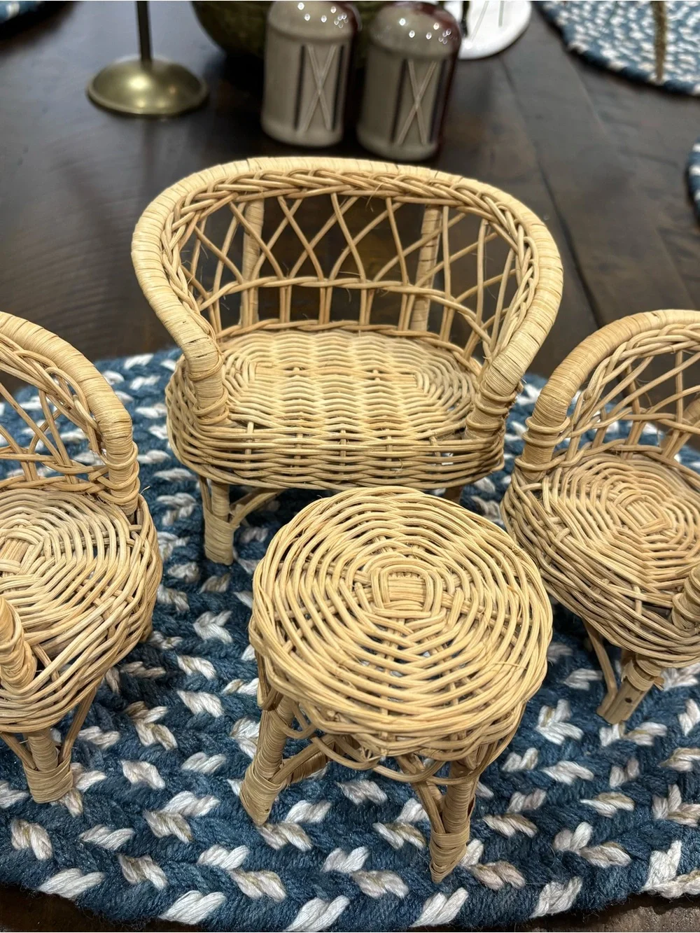 Vintage 70's  80's Natural Wicker Doll House Chair and Table Set